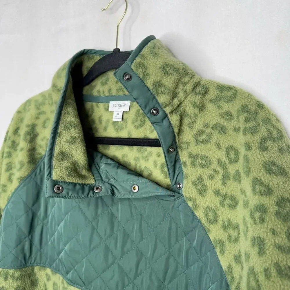 J. CREW / green leopard cheetah quilted button-neck sherpa tunic fleece / M